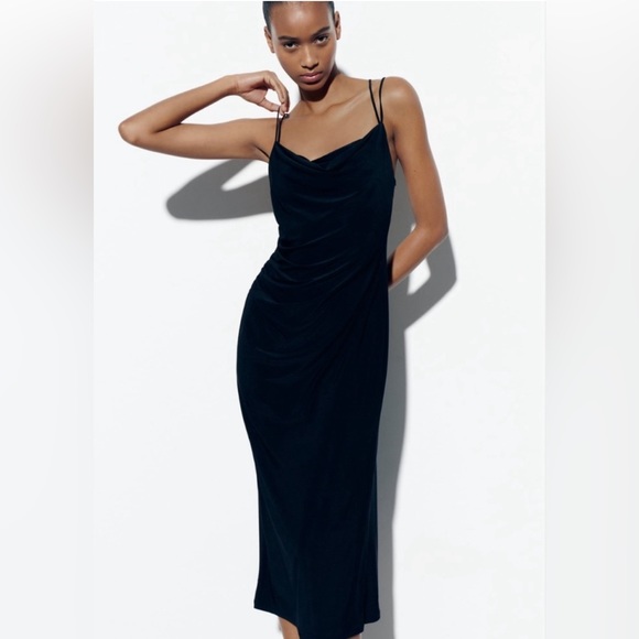Zara - Black 🖤🖤🖤 Dress with Draped Neckline - Size Small - NWT - Picture 1 of 7